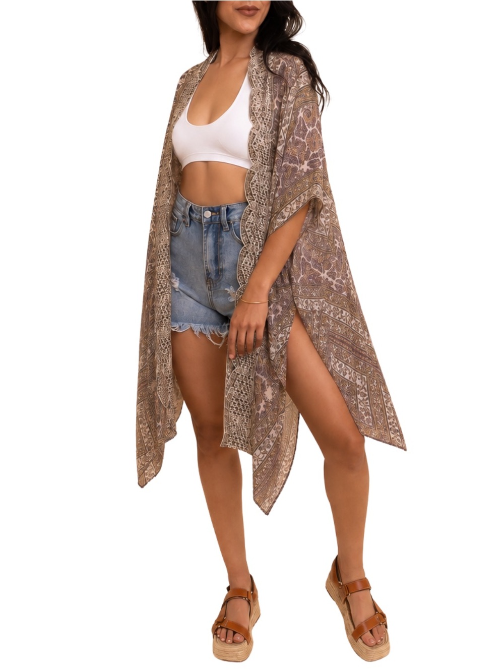 American Eagle Boho Tan Sheer Flowy Paisley Lace Trim Open Front Kimono Cover-Up